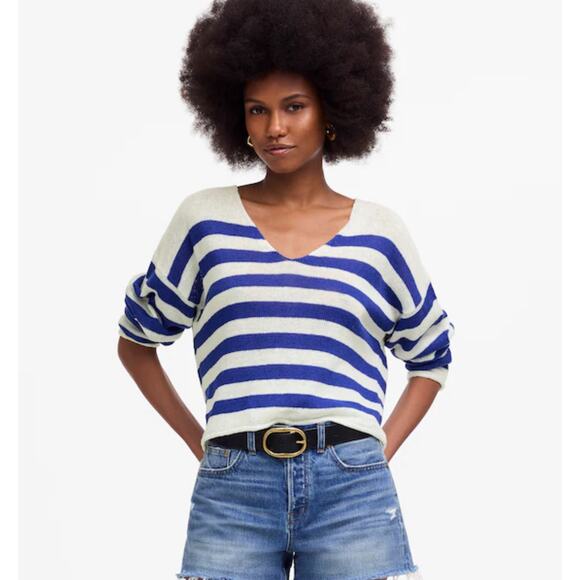 NWT Madewell Linen V-Neck Sweater In Sapphire Stripe Size Medium - Picture 1 of 7